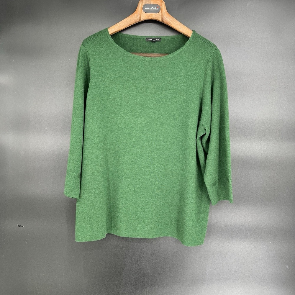 Eileen Fisher 100% Wool Italian Yarn Boat Neck Sweater Green Size XL